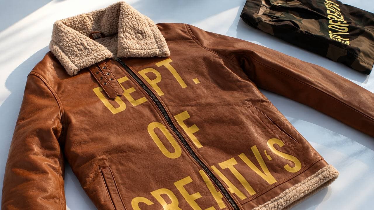 Brown shearling-collar jacket with gold Dept. of Creatv’s lettering, photographed beside a graphic tee.